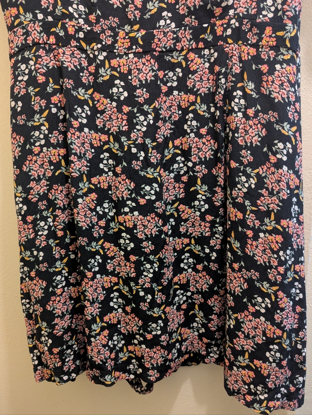 LOFT Black Floral Wrap Romper with Pink & Cream Flowers V-neck Tie Waist- 14 - Picture 14 of 16